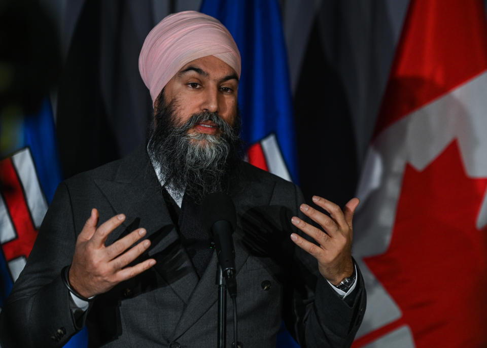 EDMONTON, CANADA - JANUARY 25, 2024:
Canada's NDP Leader, Jagmeet Singh, concludes a three-day Edmonton caucus retreat at the Chateau Lacombe Hotel, addressing the media on key topics including Parliament's resumption, pharmacare negotiations with the Liberals, and other pressing issues, on January 25, 2024, in Edmonton, Alberta, Canada. (Photo by Artur Widak/NurPhoto via Getty Images)