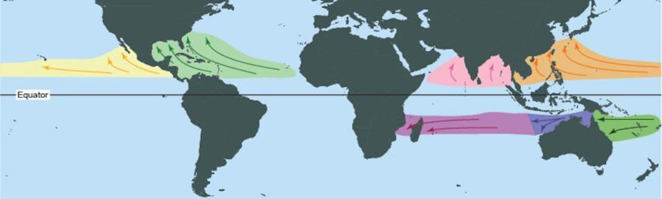 Where tropical storms form in each basin. <a href="https://www.weather.gov/jetstream/tc" rel="nofollow noopener" target="_blank" data-ylk="slk:National Weather Service;elm:context_link;itc:0;sec:content-canvas" class="link ">National Weather Service</a>