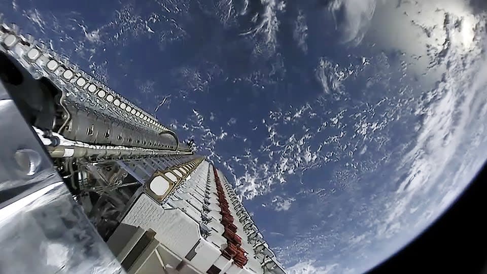 This image shows Starlink satellites shortly after they were launched into space in 2019. 