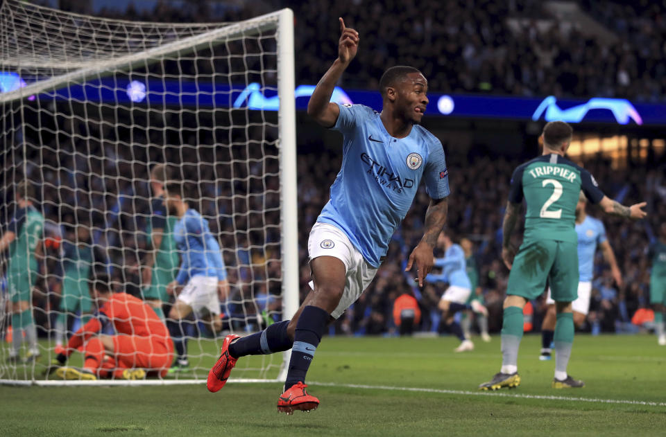 Manchester City's Raheem Sterling celebrates scoring his side's third goal of the game against Tottenham Hotspur, during the Champions League quarterfinal, second leg, soccer match between Manchester City and Tottenham Hotspur at the Etihad Stadium in Manchester, England, Wednesday, April 17, 2019. (Mike Egerton / PA via AP)