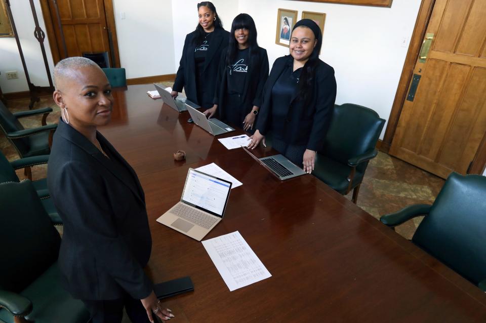 Nina Payne owner of Foundation Management,LLC and her team Kristan Waterman, Kayla Sykes and Alexandria Payne in their offices located on the Marygrove campus Monday, May 8, 2023. Foundation Management is a Detroit-based business that received a grant from Comcast RISE in the last round.