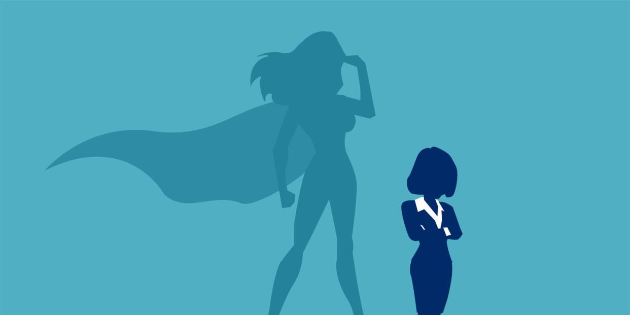 vector of a strong business woman with a shadow imagining to be a super hero