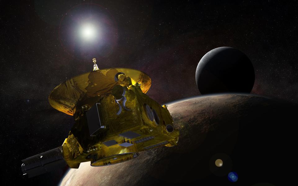 an illustration of the New Horizons spacecraft and Pluto in the distance