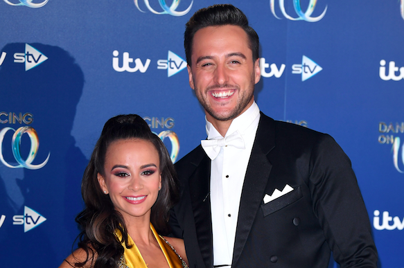 Carlotta Edwards and Alexander Demetriou attend the Dancing On Ice 2019 photocall at the Dancing On Ice Studio, ITV Studios, Old Bovingdon Airfield on December 09, 2019 in Bovingdon, England. (Photo by Karwai Tang/WireImage)