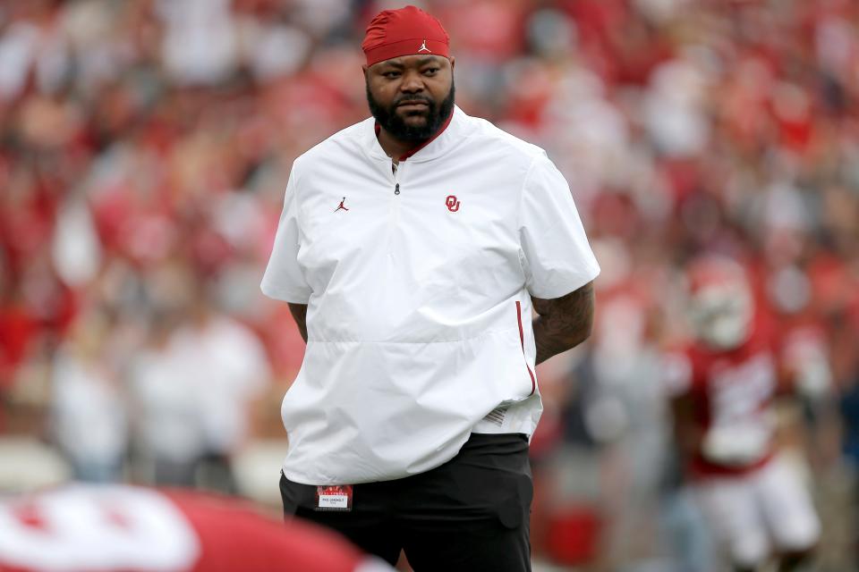 Phil Loadholt watches during the University of Oklahoma's annual spring football game at Gaylord Family-Oklahoma Memorial Stadium in Norman, Okla., Saturday, April 23, 2022. 