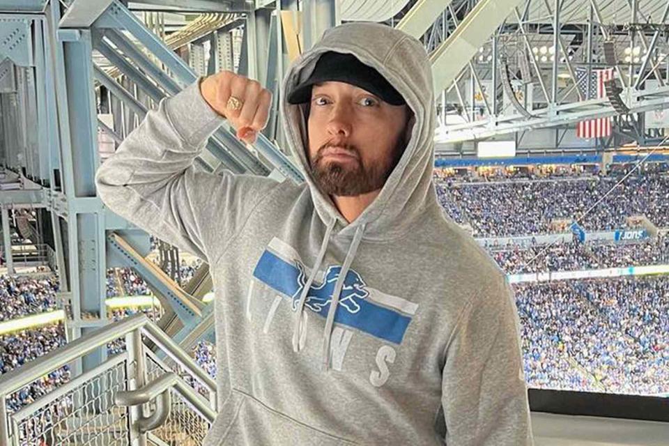 <p>Marshall Mathers/Instagram</p> Eminem at a Lions game in October 2023