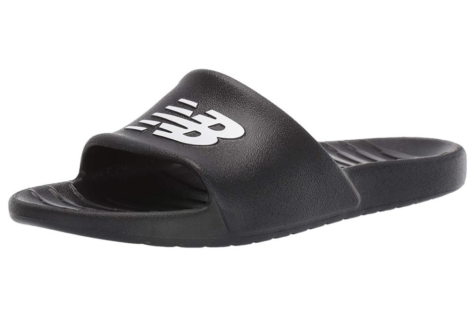 slides, sandals, black, new balance