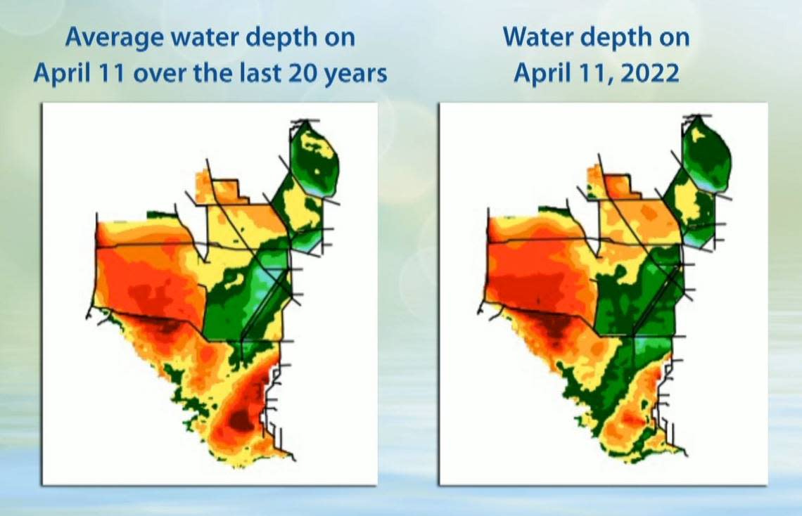 This graphic showing average water depth during the dry season in the southern Everglades shows a recent change, a flow of water above ground levels through Shark River Slough, thanks to new restoration efforts. Red and yellow patches indicate water levels below the ground, while green and blue patches represent water up to three feet above ground.