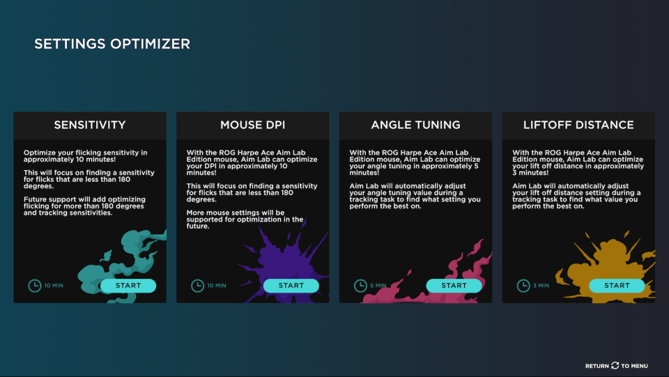 A screenshot of the 'setting optimizer' modes for Aim Lab.