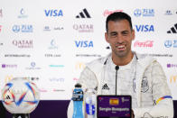 Spain's Sergio Busquets speaks to reporters during a news conference, in Doha, Qatar, Tuesday, Nov. 22, 2022. Spain will play its first match in Group E in the World Cup against Costa Rica on Nov. 23. (AP Photo/Julio Cortez)