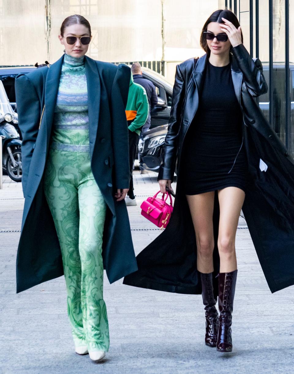Kendall Jenner and Gigi Hadid are seen during Milan Fashion Week Fall/Winter 2020-2021 on February 21, 2020 in Milan, Italy. (Photo by Arnold Jerocki/Getty Images)
