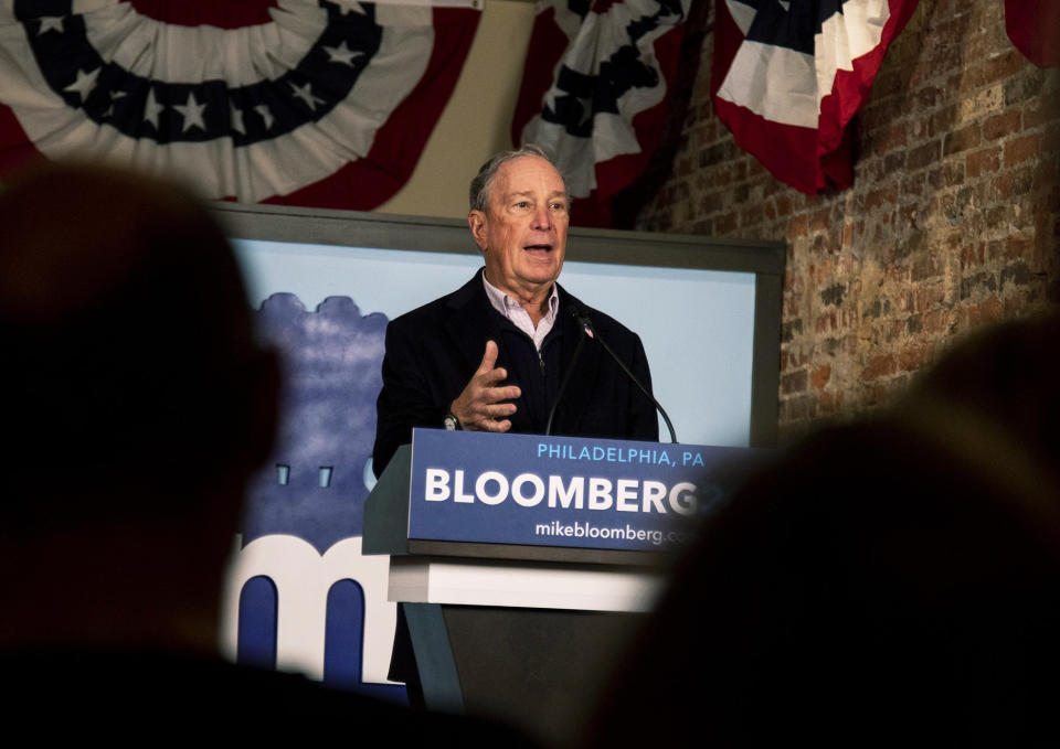 Democratic presidential candidate Michael Bloomberg speaks to volunteers and supporters in Old City in his first field office in Philadelphia on Saturday, Dec. 21, 2019. (Tyger Williams/The Philadelphia Inquirer via AP)