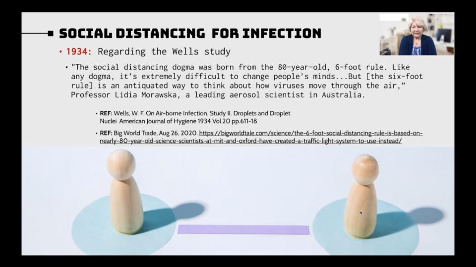 A screenshot of a slide from Dr Tenpenny's course on social distancing. It cites research by Prof Lidia Morawska on the 6-foot rule, which Morawska later said was misused.