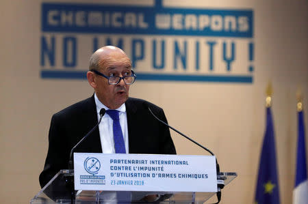 FILE PHOTO - French Foreign Affairs Minister Jean-Yves Le Drian delivers a speech during a foreign ministers’ meeting on the International Partnership against Impunity for the Use of Chemical Weapons, in Paris, France, January 23, 2018. REUTERS/Philippe Wojazer