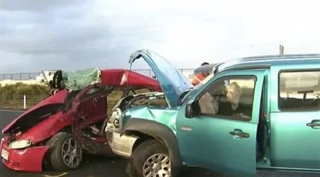 The Bruce Highway crash involved seven vehicles, including the stolen Alfa Romeo. Source: 7 News