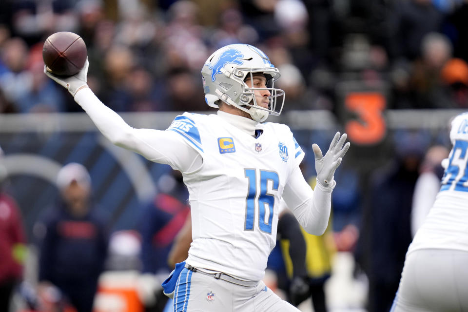 Detroit Lions quarterback Jared Goff passes during the first half of an NFL football game against the Chicago Bears Sunday, Dec. 10, 2023, in Chicago. (AP Photo/Erin Hooley)