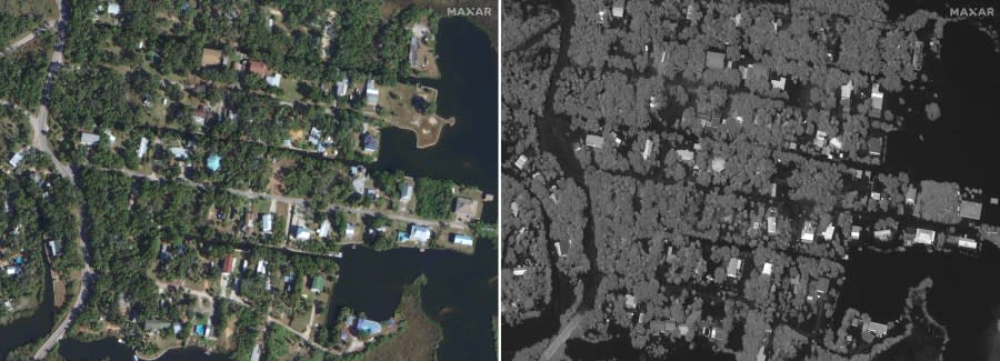This combination of satellite images provided by Maxar Technologies shows a portion of the Big Bend area, in Fla., on Jan. 12, 2023, and the same area, right, Aug. 30, 2023, after Tropical Storm Idalia caused flooding to the area.