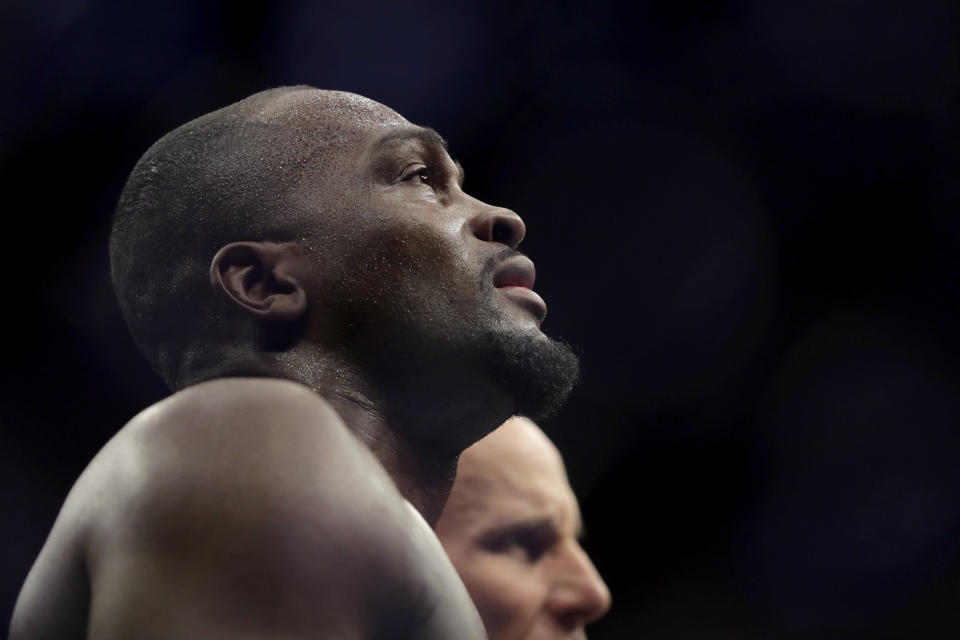 Derek Brunson looks up after losing to Israel Adesanya during the first round of a middleweight mixed martial arts bout at UFC 230, Saturday, Nov. 3, 2018, at Madison Square Garden in New York. (AP Photo/Julio Cortez)