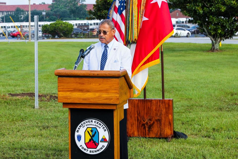 Rep. Sanford Bishop, who represents Georgia's 2nd Congressional District, speaks at the unveiling of a memorial in Fort Benning to honor Pvt. Felix Hall, a Black soldier lynched 80 years ago.