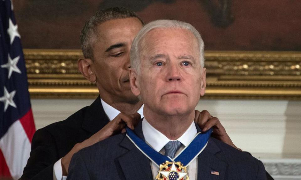 Barack Obama awards Joe Biden the presidential medal of freedom at the White House in Washington DC on 12 January 2017.