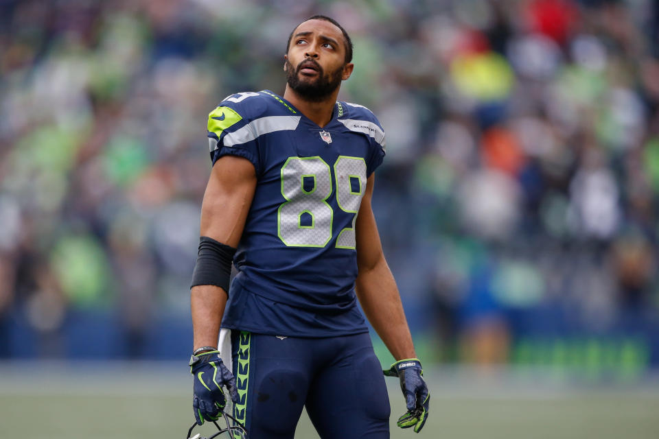 SEATTLE, WA - DECEMBER 17:  Wide receiver Doug Baldwin #89 of the Seattle Seahawks looks on during the game against the Los Angeles Rams at CenturyLink Field on December 17, 2017 in Seattle, Washington.  (Photo by Otto Greule Jr/Getty Images)