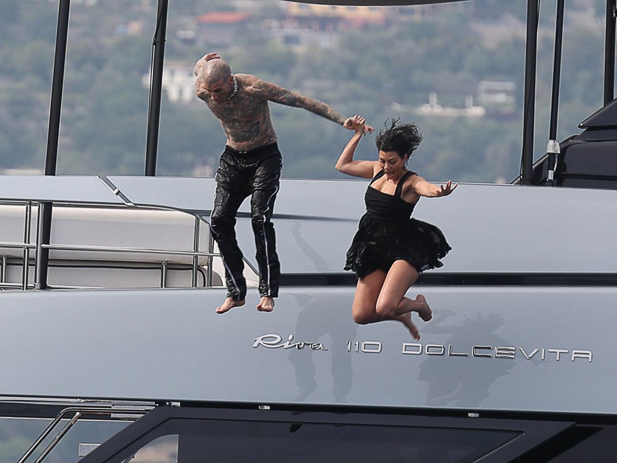 Kourtney Kardashian and Travis Barker are seen in Portofino, Italy.