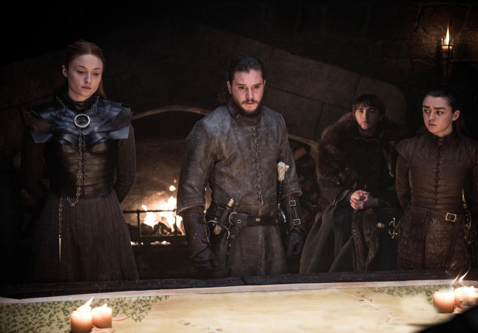 This image released by HBO shows from left, Sophie Turner, Kit Harington, Isaac Hempstead Wright, and Maisie Williams in a scene from "Game of Thrones," that aired Sunday, April 21, 2019. With the Game of Thrones' Jon Snow revealing his royal lineage to his potential rival Daenerys Targaryen, the beleaguered army at Winterfell is about to find out if two chief executives better than one. (Helen Sloan/HBO via AP)