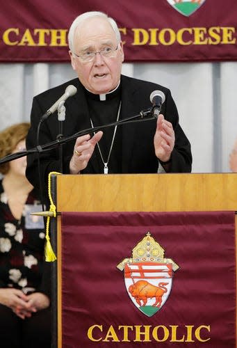 In this Nov. 5, 2018, file photo, Bishop Richard Malone of Buffalospeaks during a news conference in Cheektowaga, New York. Pope Francis on Wednesday, Dec. 2, 2019, accepted Bishop Richard Malone’s resignation following widespread criticism over how he handled allegations of clergy sexual misconduct.