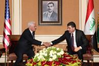 U.S. Vice President Pence and his delegation meet with President of the Kurdistan region in Iraq Barzani in the VIP terminal at Erbil International Airport in Erbil, Iraq