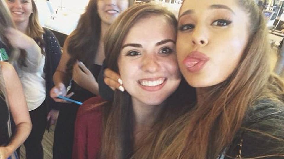 The scammer used a photo of Arizona student Nisa Ayral, who was pictured with Ariana Grande a year earlier. Source: GoFundMe