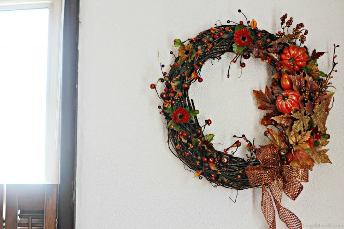 <p>Frugal Mom Eh</p><p>You can find this pretty fall wreath project at <a href="http://www.frugalmomeh.com/2013/09/make-thanksgiving-wreath.html" rel="nofollow noopener" target="_blank" data-ylk="slk:Frugal Mom Eh;elm:context_link;itc:0;sec:content-canvas" class="link rapid-noclick-resp">Frugal Mom Eh</a>.</p><p><strong>Related: <a href="https://parade.com/food/thanksgiving-cocktails" rel="nofollow noopener" target="_blank" data-ylk="slk:Thanksgiving Cocktails;elm:context_link;itc:0;sec:content-canvas" class="link rapid-noclick-resp">Thanksgiving Cocktails</a></strong></p>