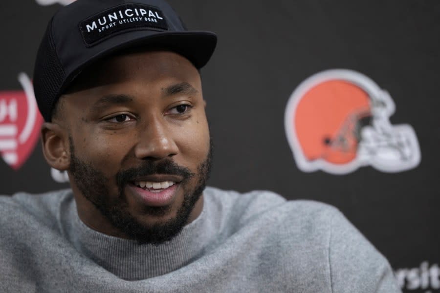 Cleveland Browns defensive end Myles Garrett speaks during a news conference after their win against the Baltimore Ravens in an NFL football game Sunday, Nov. 12, 2023, in Baltimore. (AP Photo/Susan Walsh)