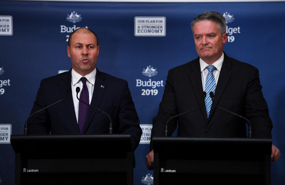 Josh Frydenberg and Mathias Cormann deliver the budget. Image: Getty