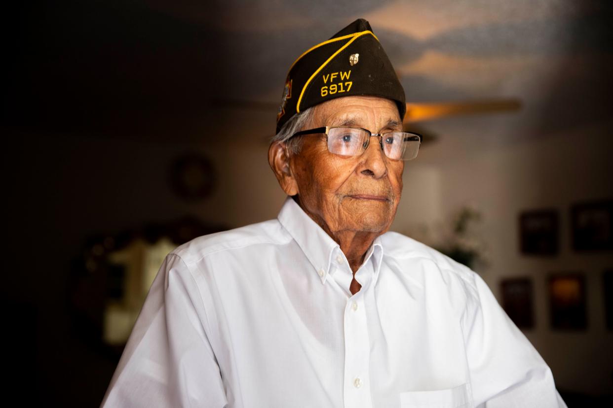 Simon Mendoza, a World War II veteran, poses for a photo on Wednesday, Oct. 26, 2022, in his home. Mendoza will turn 100 on Friday, Oct. 28.