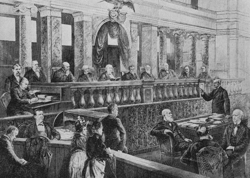 An engraving of the Supreme Court of 1888 in a courtroom.