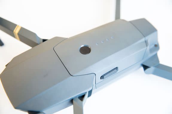 The DJI Mavic Pro power button is on the removable, rechargeable battery.