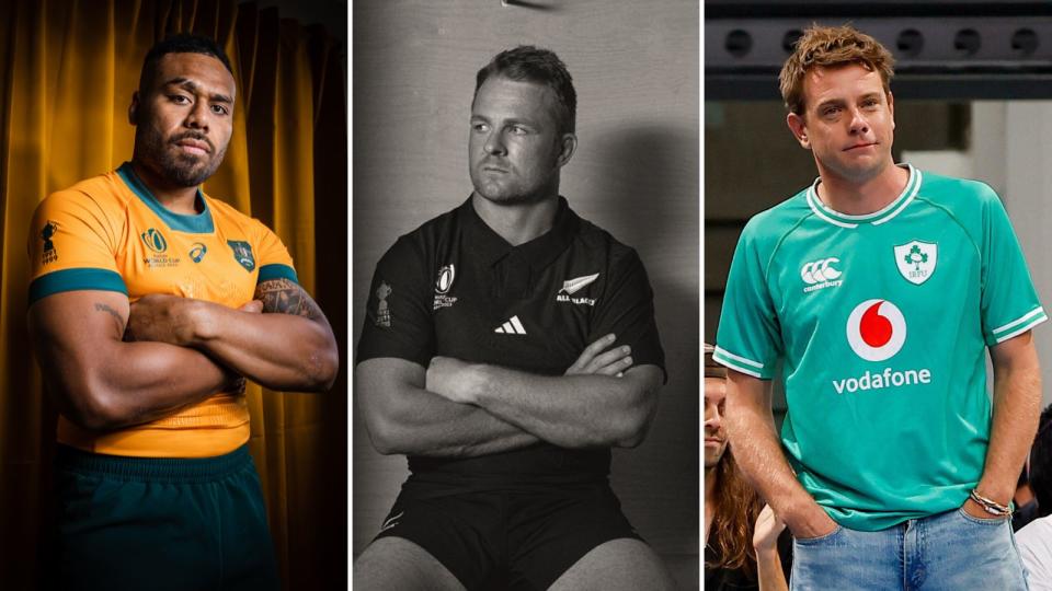 Samu Kerevi, Sam Cane and JW Anderson in the new World Cup kits for the Wallabies, All Blacks and Ireland Credit: Alamy