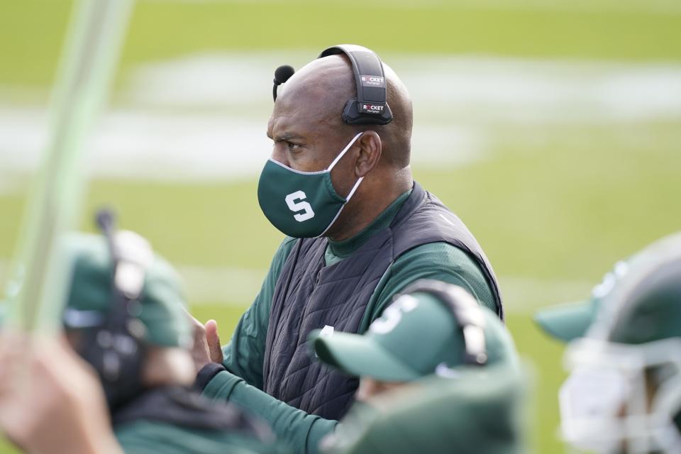 Michigan State head coach Mel Tucker is seen during the first half of an NCAA college football game against Indiana, Saturday, Nov. 14, 2020, in East Lansing, Mich.