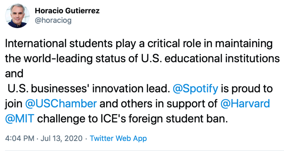 Horacia Gutierrez, Head of Global Affairs and Chief Legal Officer at Spotify Tweet July 13, 2020