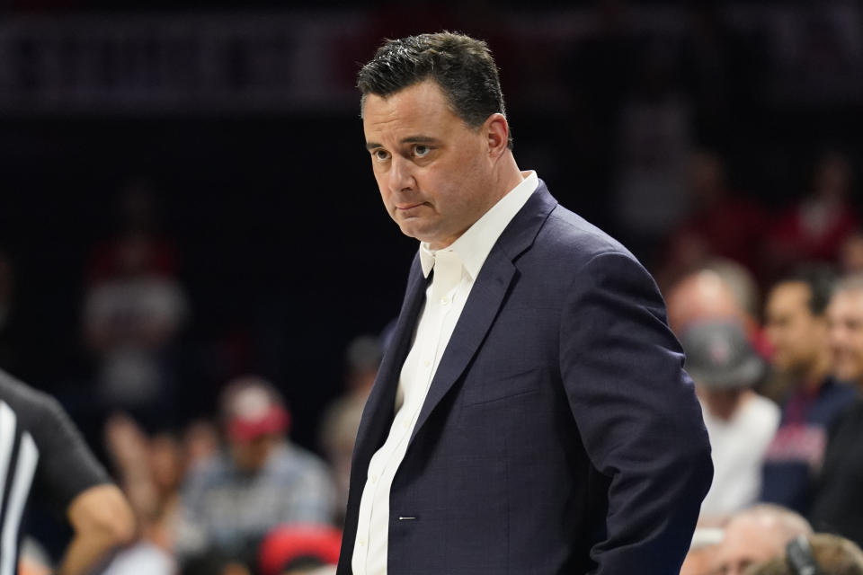 Arizona head coach Sean Miller during the first half of an NCAA college basketball game against Oregon State Thursday, Feb. 20, 2020, in Tucson, Ariz. (AP Photo/Rick Scuteri)