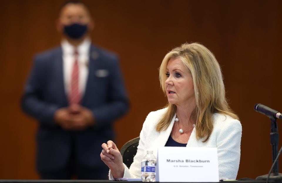 Sen. Marsha Blackburn speaks in during a roundtable with Secretary of Transportation Pete Buttigieg at the FedEx Experience Center in Memphis, Tenn. on Thursday, June 3, 2021.