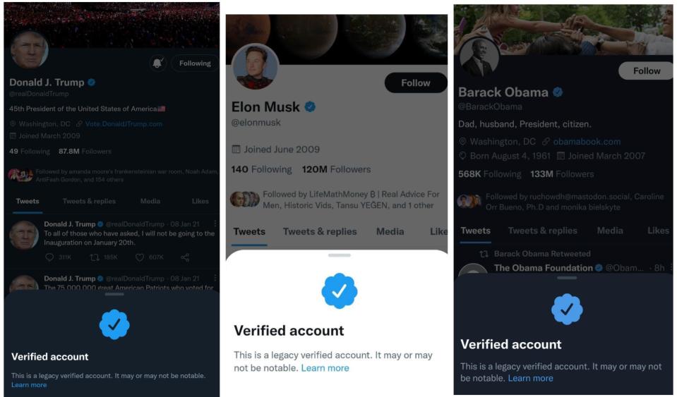 Legacy verification on Twitter for Trump, Musk, and Obama