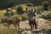 This image released by Disney shows, from left, young Simba, voiced by JD McCrary, Timon, voiced by Billy Eichner, and Pumbaa, voiced by Seth Rogen, in a scene from "The Lion King." (Disney via AP)