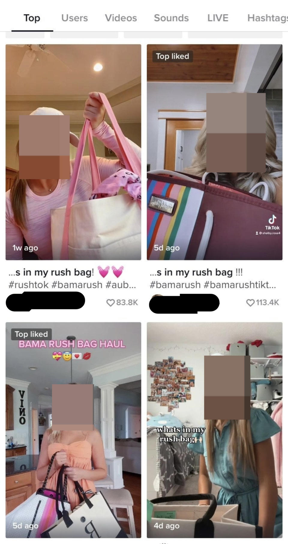 Tiles of young women showing what's in their rush bag