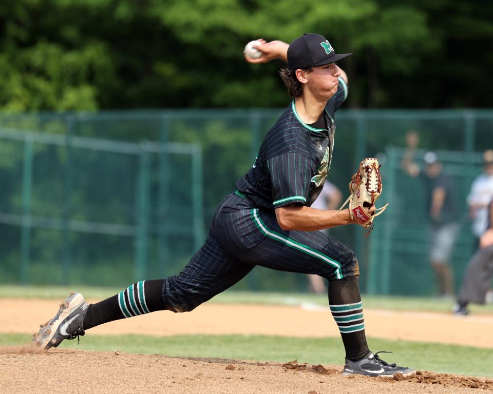 Mason pitcher Brendan Garula rocks and fires in the game with Moeller at Midland Field June 4, 2022.