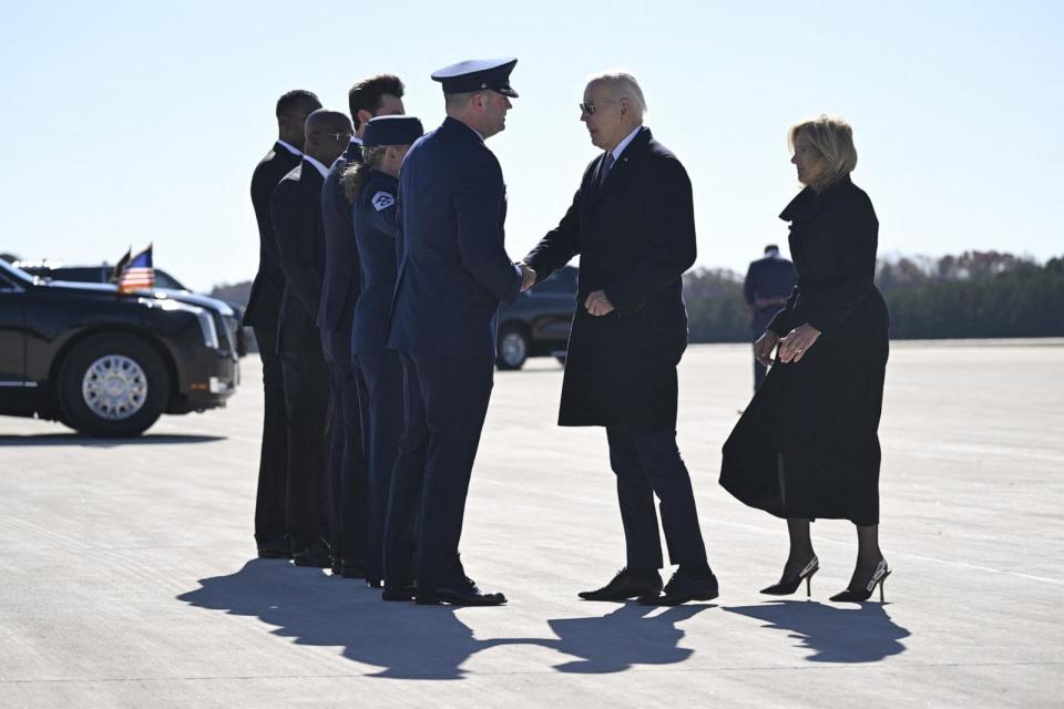 PHOTO: U.S. President Joe Biden and US First Lady Jill Biden walk to their vehicle after disembarking Air Force One at Dobbins Air Reserve Base, Nov. 28, 2023, in Marietta, Ga.  (Andrew Caballero-Reynolds/AFP via Getty Images)