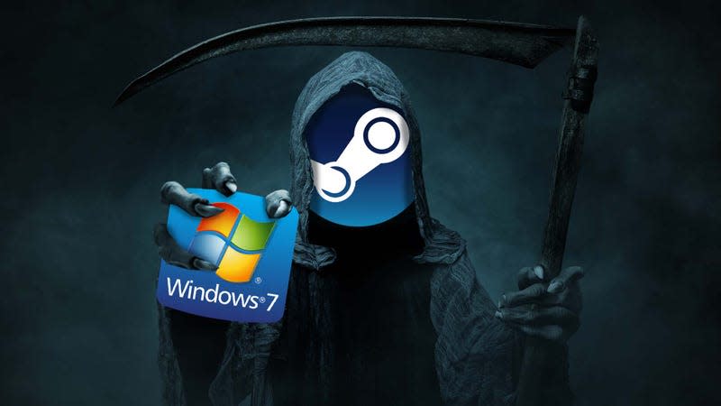 An image shows a grim reaper with the Steam logo for a head grabbing a Windows 7 icon.