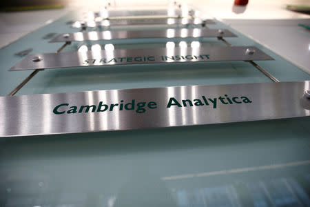 FILE PHOTO: The nameplate of political consultancy, Cambridge Analytica, is seen in central London, Britain March 21, 2018. REUTERS/Henry Nicholls/File Photo