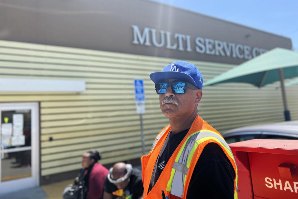 Alberto Perez met his probation officers at Los Angeles County Probation Department’s mobile resource center van site in Long Beach, California and declined the offer to move into transitional housing. (Simone Weichselbaum / NBC News)