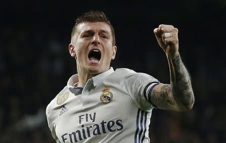 Football Soccer - Real Madrid v Napoli - UEFA Champions League Round of 16 First Leg - Estadio Santiago Bernabeu, Madrid, Spain - 15/2/17 Real Madrid's Toni Kroos celebrates scoring their second goal Reuters / Juan Medina Livepic